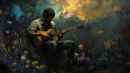 Solitary guitarist rendered in dense impressionistic forest light