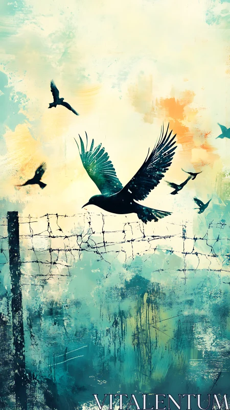 Silhouetted birds ascend above barbed wire in abstract sky