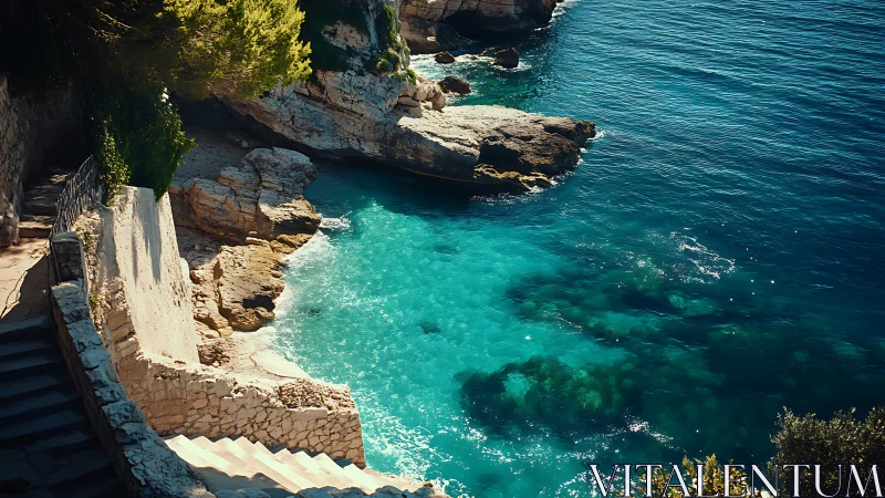 Sunlit coastal stone stairway descending to turquoise cove.