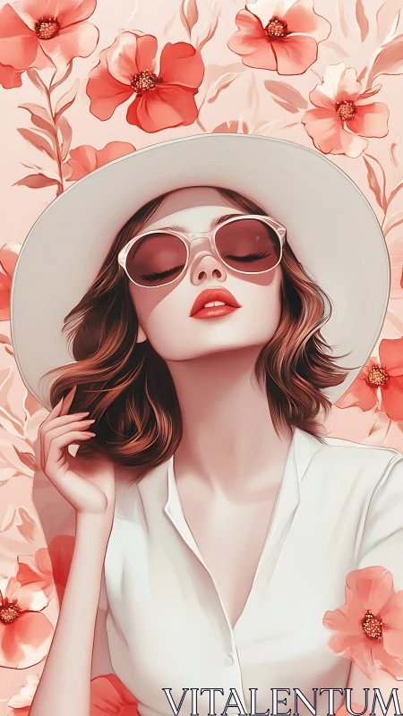 Sunlit daydream woman in white hat and coral blossoms.