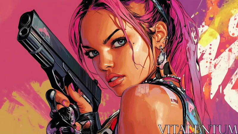Neon punk heroine with gun in bold comic portrait.