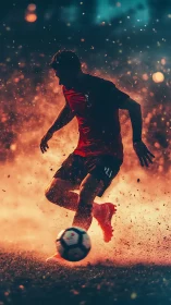 Soccer player dribbling ball in dramatic glowing dust field.