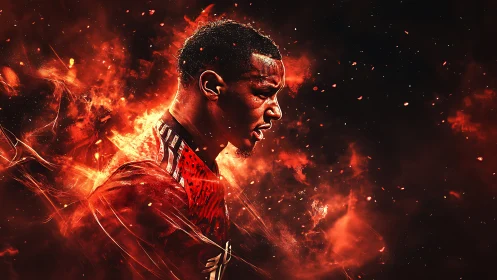 Fiery football portrait ignites with dynamic red energy.