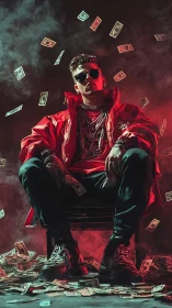 Red jacket kingpin in moody cash storm portrait.