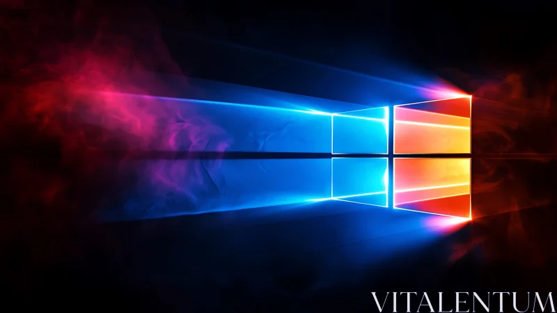 Windows logo emits blue and orange light beams in darkness