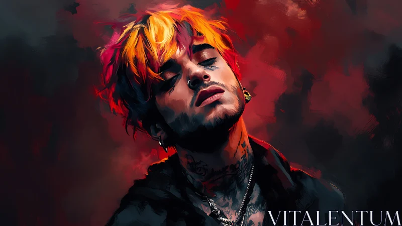 Moody portrait of tattooed youth with neon gradient hair.