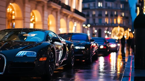 Black hypercar convoy on wet city boulevard at blue hour.
