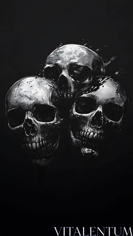 Three silent skulls in shimmering monochrome darkness.