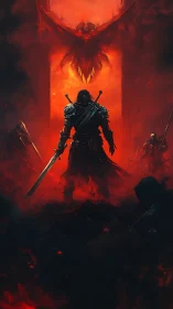 Armored warrior before demonic figure in fiery landscape.