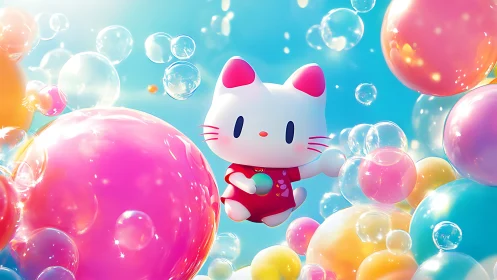 Chibi cat mascot floats among glossy translucent bubbles in sky