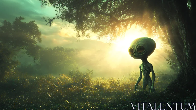 Alien figure stands in sunlit forest clearing at dawn
