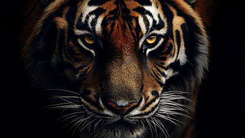 Tiger face rendered in extreme close-up with high contrast light.