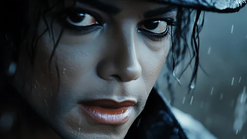 Moody closeup portrait in rain with intense direct gaze.