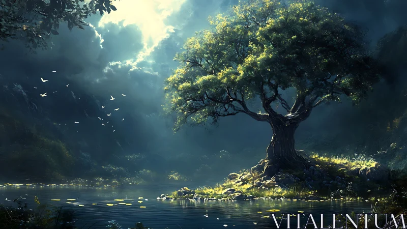 Large tree on sunlit island in lake under dramatic clouds