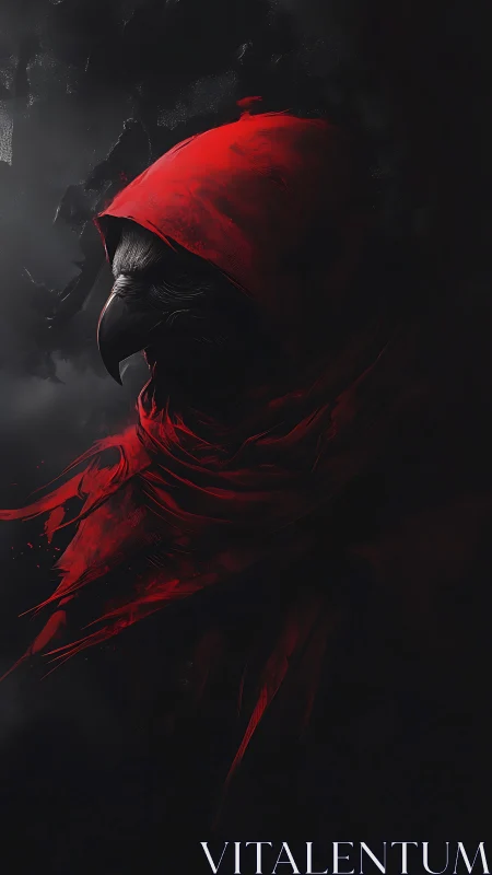 Crow-headed cloaked figure in red against dark void.