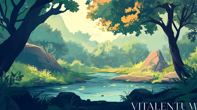 Digital rendering of naturalistic forest landscape with volumetric lighting and compositional depth