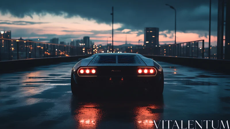 Midnight supercar idles on a rain-glossed rooftop cityscape.