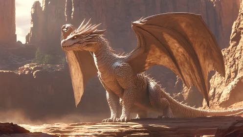 Winged dragon resting in sunlit rocky desert canyon.