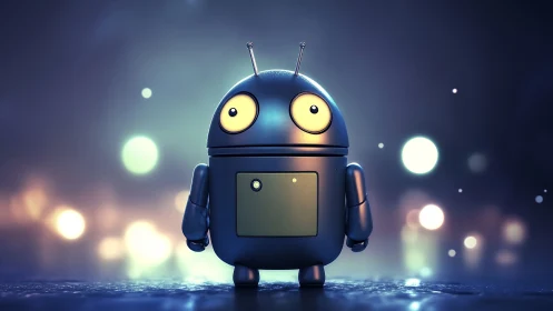 Bokeh-lit glossy toy robot standing on reflective wet surface