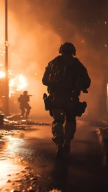 Soldier running through urban fire and smoke at night