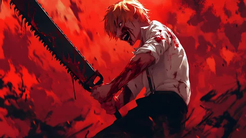 Blood-soaked chainsaw warrior lunges through crimson storm.
