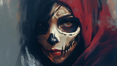 Hooded figure with skeletal face paint stares directly forward