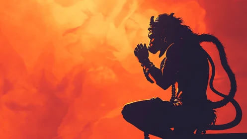 Silhouetted simian deity in meditative profile against chromatic flare.