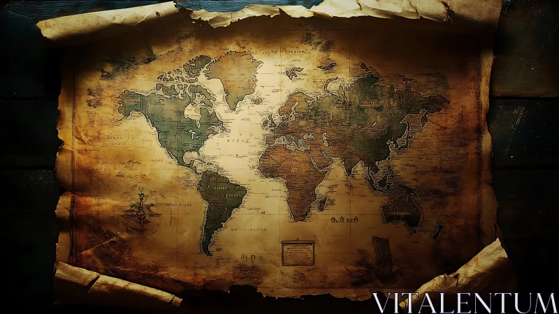 Antique world map rests on aged, weathered parchment.