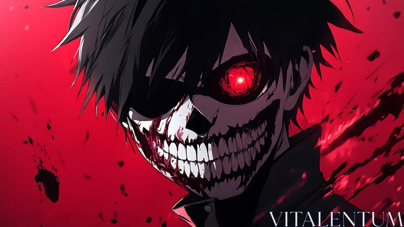 Demonic skull-faced anime character on blood red background.