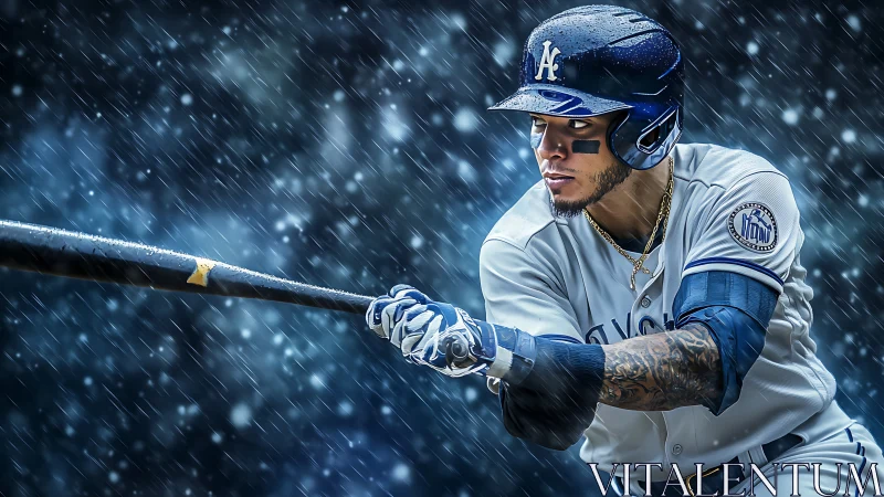 Hyperreal baseball batter swinging in heavy stadium rain