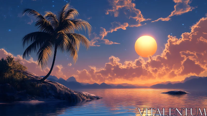 Tropical Sunset Over Ocean with Palm Tree.