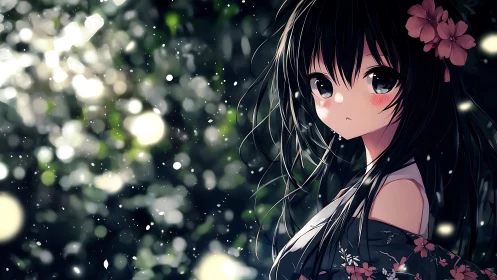 Backlit anime girl in floral kimono with bokeh and particle effects