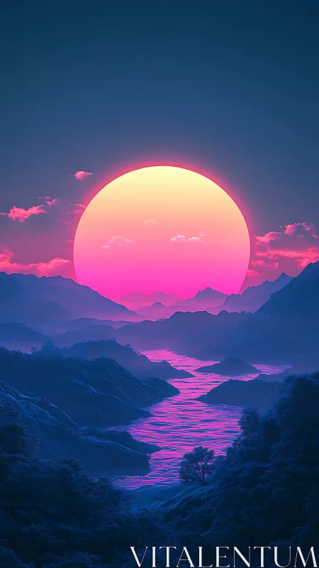 Neon sun over vaporwave river in luminous valley.