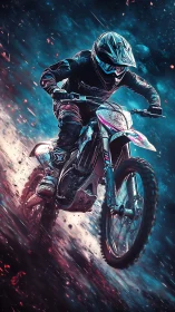 Motocross rider on dirt track with dynamic lighting effects.