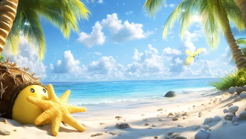 Tropical Beach Scene with Stylized Yellow Starfish and Sea Elements