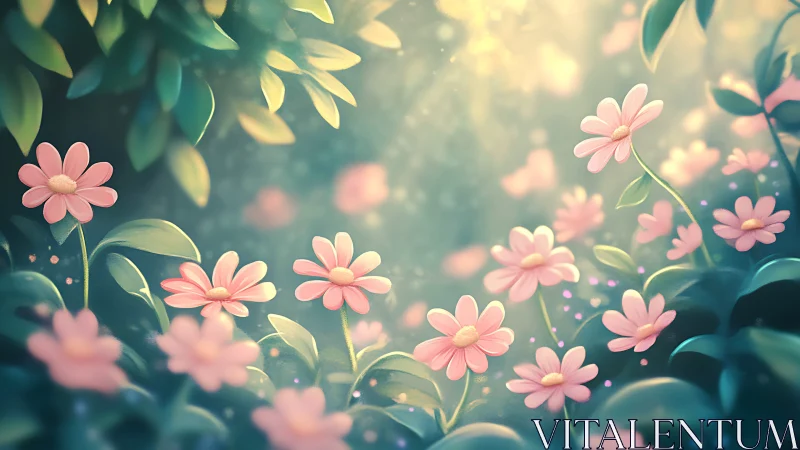 Pink daisies dance through luminous meadow magic