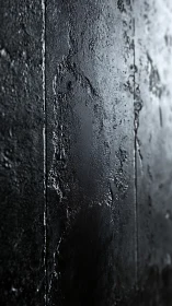 Wet black concrete wall with glossy textured patina surface.