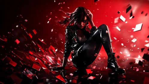 Rebellious woman in red digital shards, dramatic lighting.