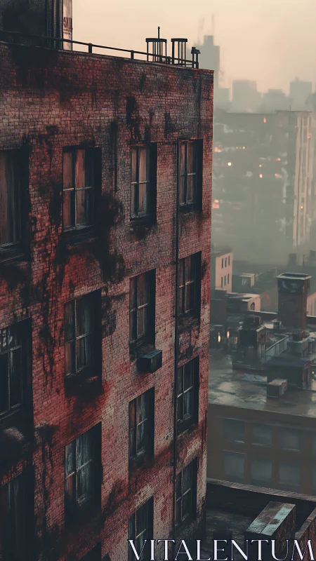 Rust-stained brick tower rises over fog-drenched cityscape.