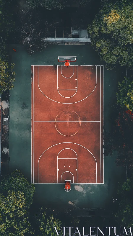 Quiet city basketball court framed by deep green trees.