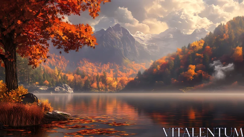 Autumnal alpine lake reflects luminous foliage and distant peaks