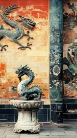 Verdigris dragon sculpture contrasts aged temple relief wall