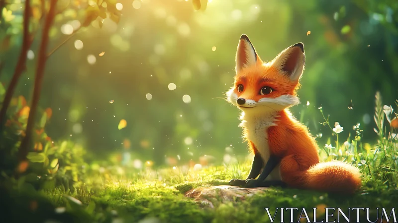 High-bokeh forest vignette of stylized young fox character.