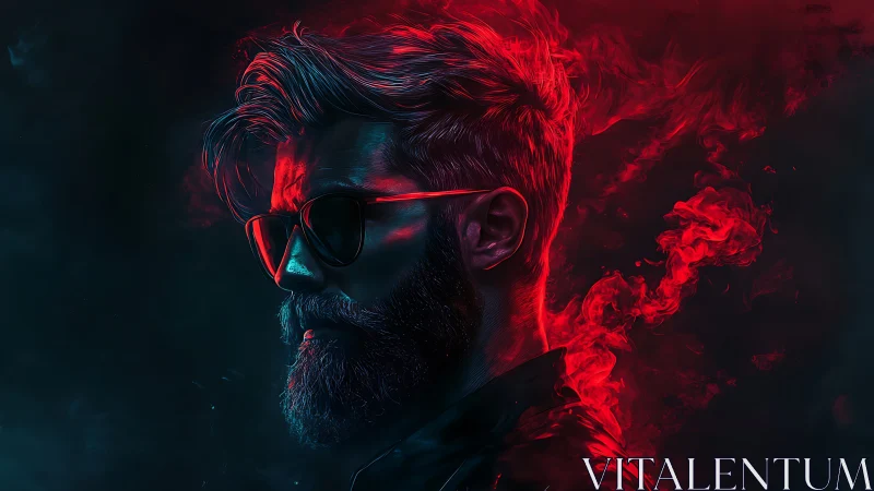 Neon-lit bearded portrait in red cyan cinematic lighting.