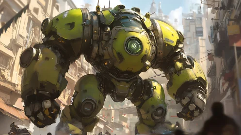 Armored green mech stomps through dense urban street.