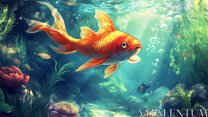 Golden daydreamer goldfish in sunlit underwater garden.
