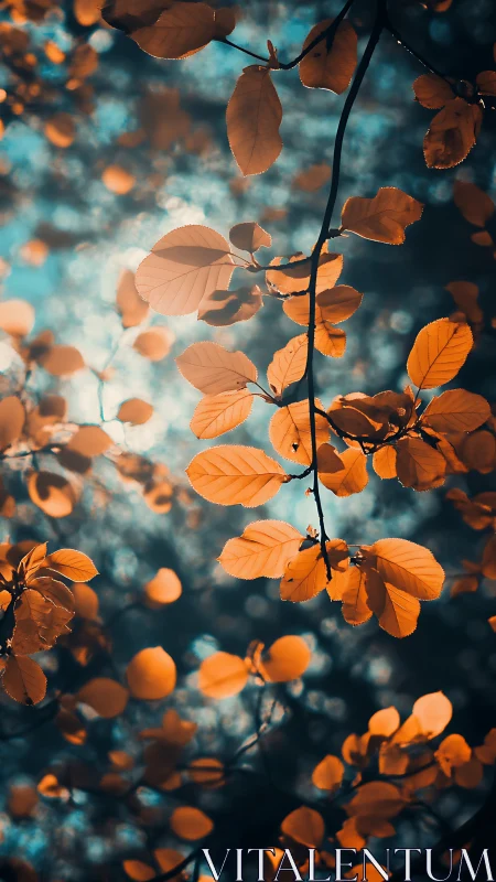 Golden autumn leaves glowing softly against teal forest light.