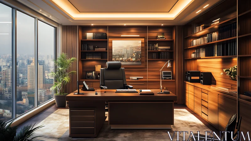 Executive corner office in warm wood with panoramic skyline.