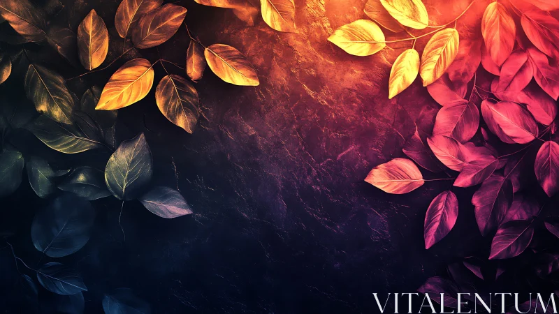 Bicolored leaf gradient arcs across dark textured stone surface