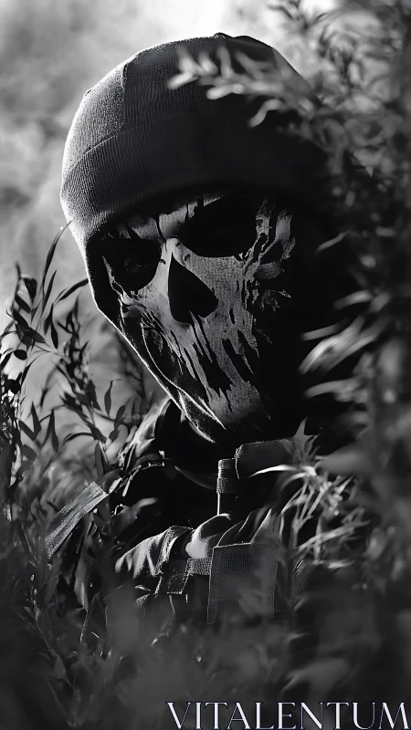 Tactical operator in skull mask concealed in foliage at dusk